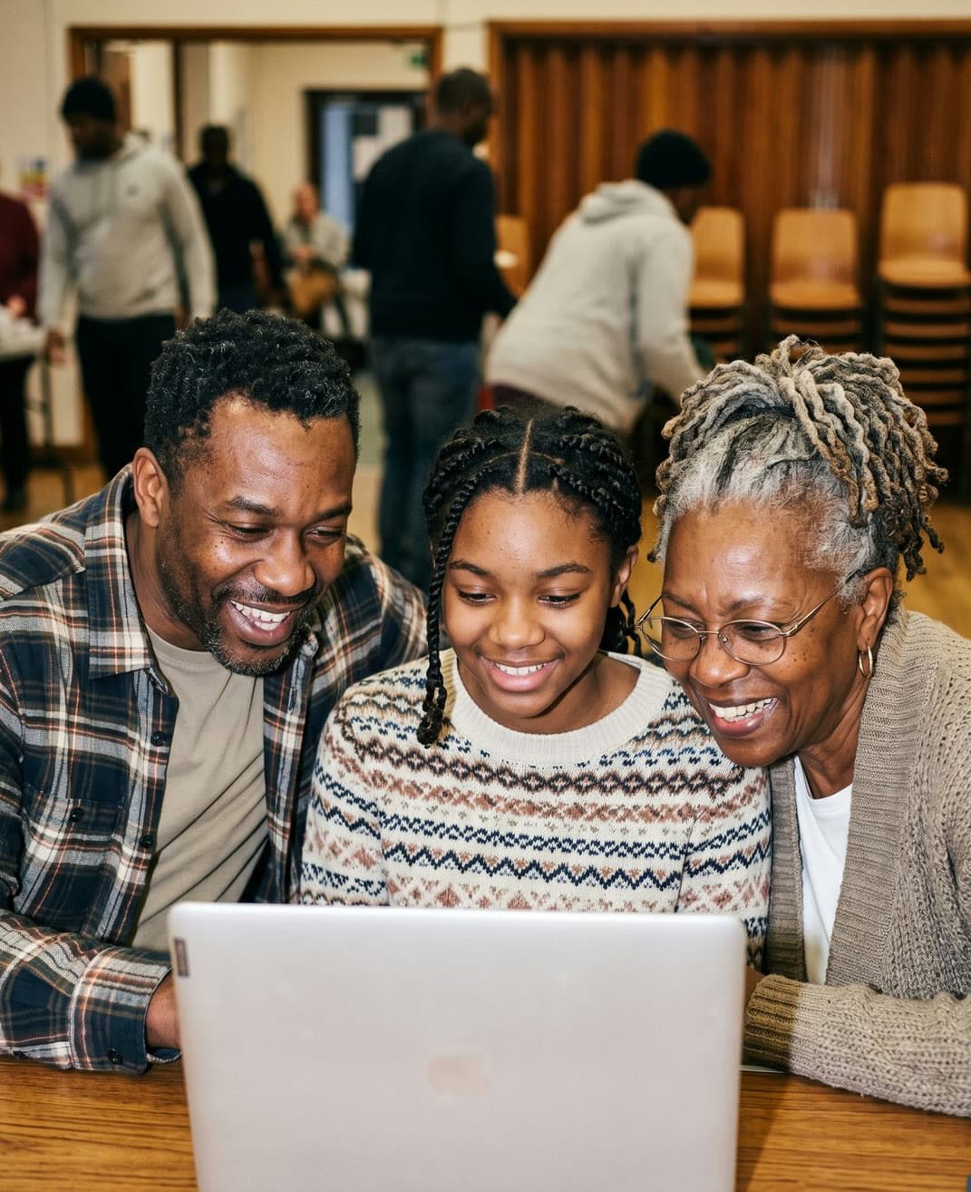 Three generations smiling together over a laptop in a community room