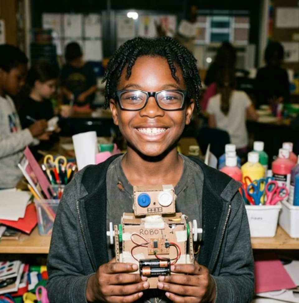 A smiling young person with glasses holding a small cardboard robot in a busy classroom